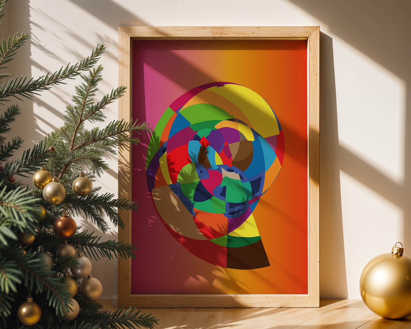 Vibrant abstract geometric shape with multicolored spiral on gradient background