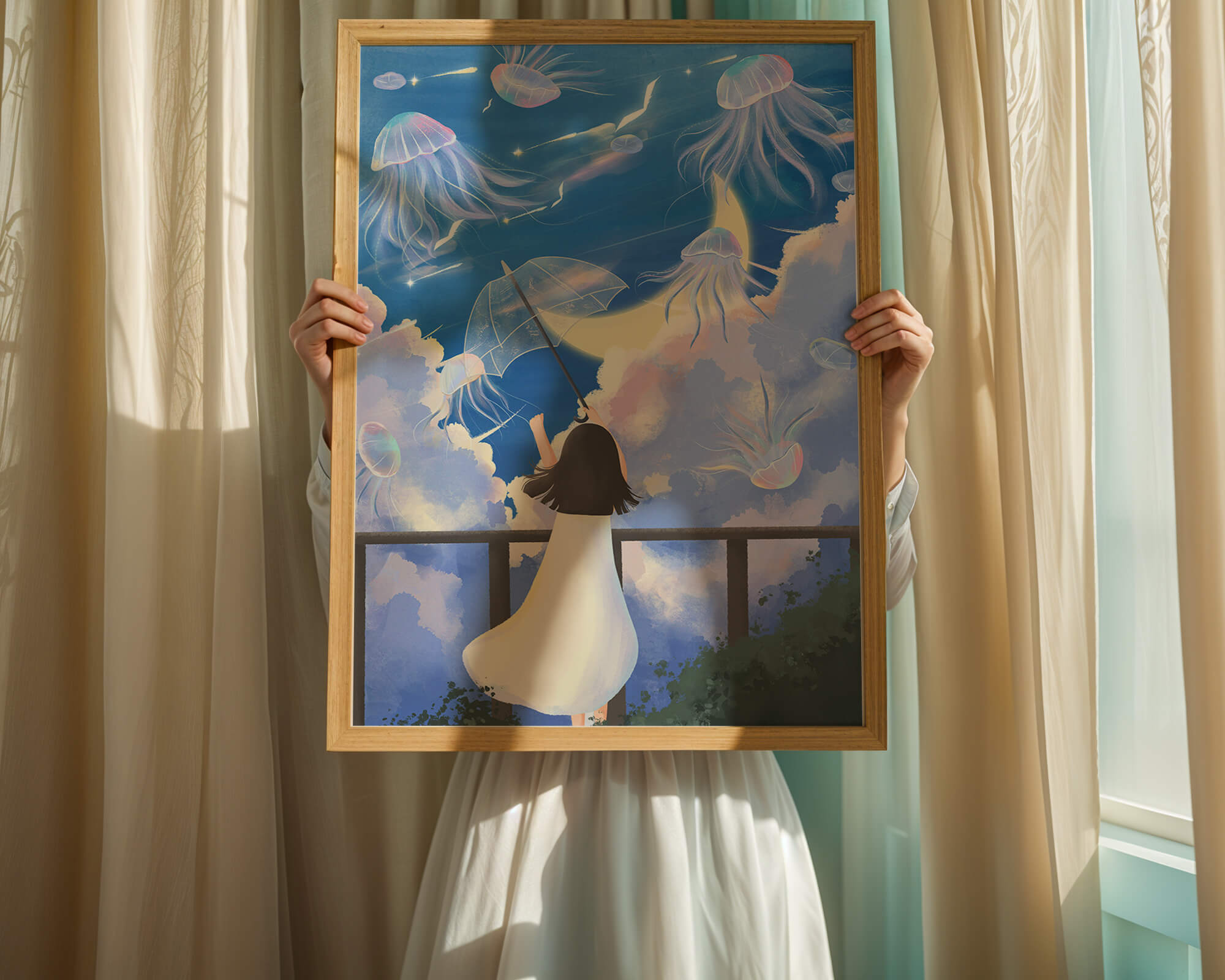 Young girl with umbrella watching surreal jellyfish sky