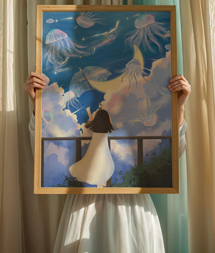 Young girl with umbrella watching surreal jellyfish sky