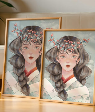 Illustration d'une jeune femme avec une coiffe florale sur fond de ciel nuageux