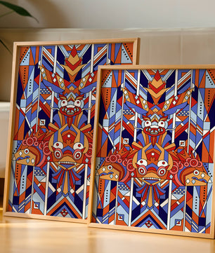 Arte tribal geométrico con colores vibrantes y patrones simétricos