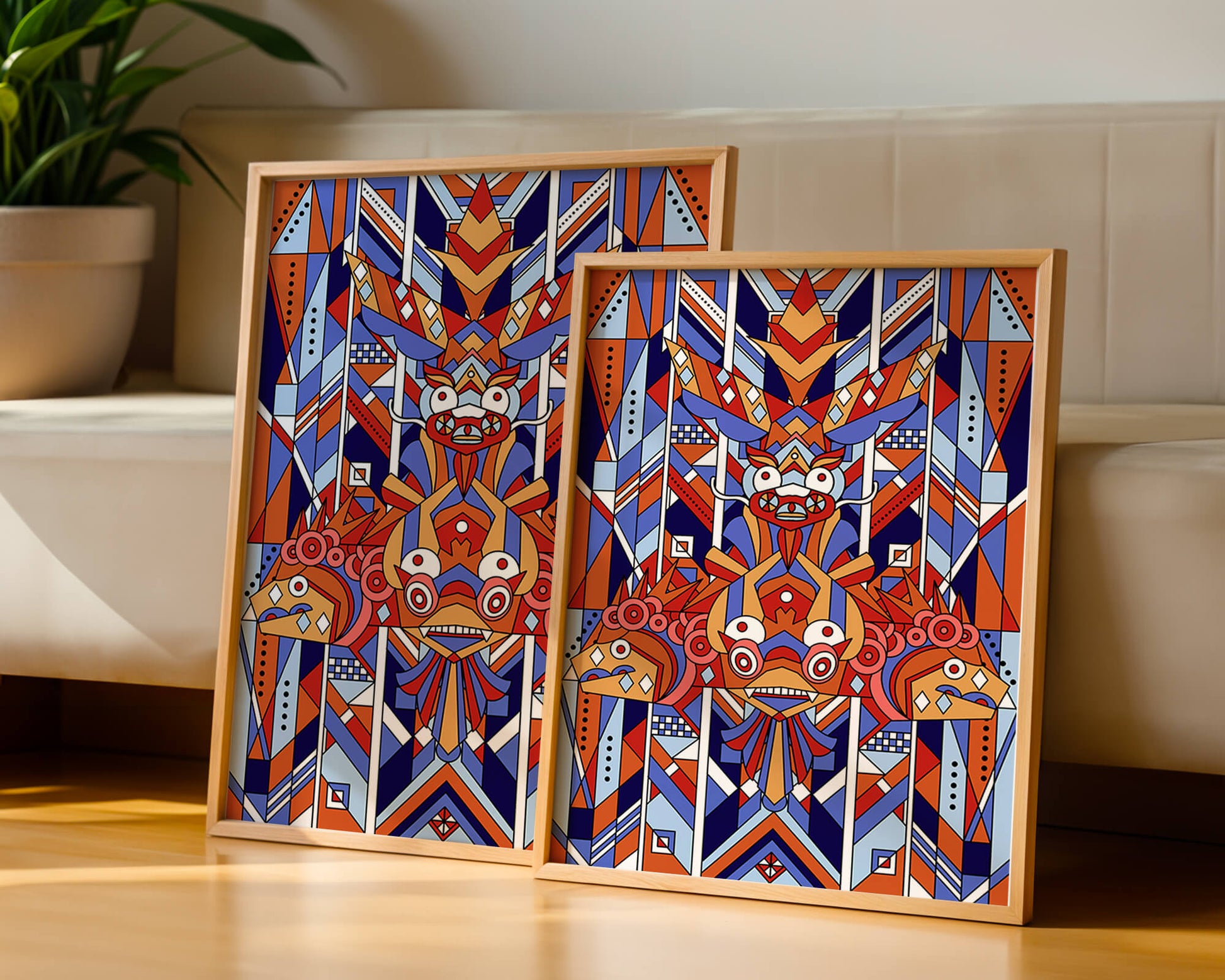 Arte tribal geométrico con colores vibrantes y patrones simétricos