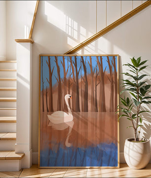 Serene swan on calm water with reflections of trees