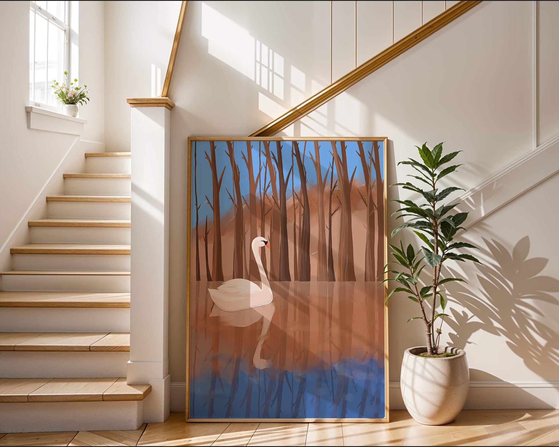 Serene swan on calm water with reflections of trees