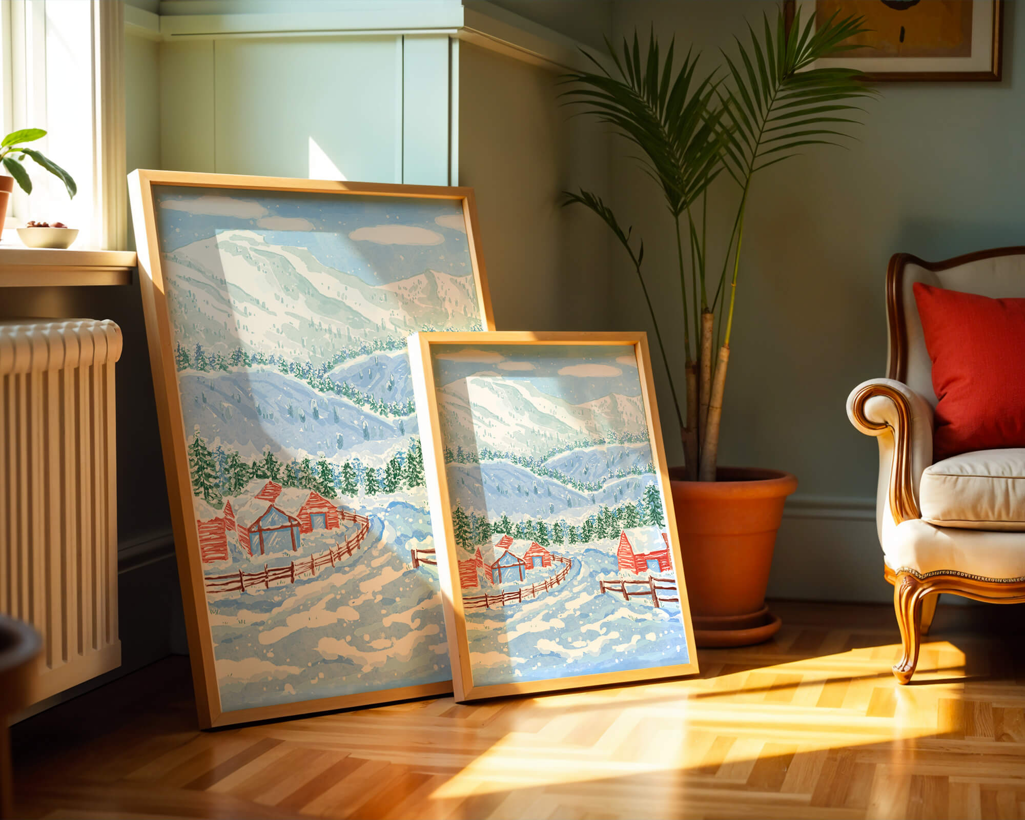 Charming snowy landscape with mountain view and cozy cabins