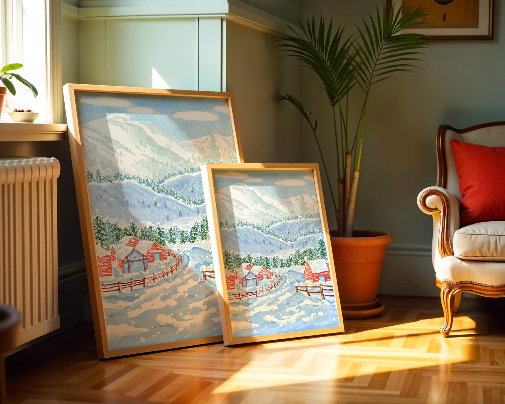 Charming snowy landscape with mountain view and cozy cabins