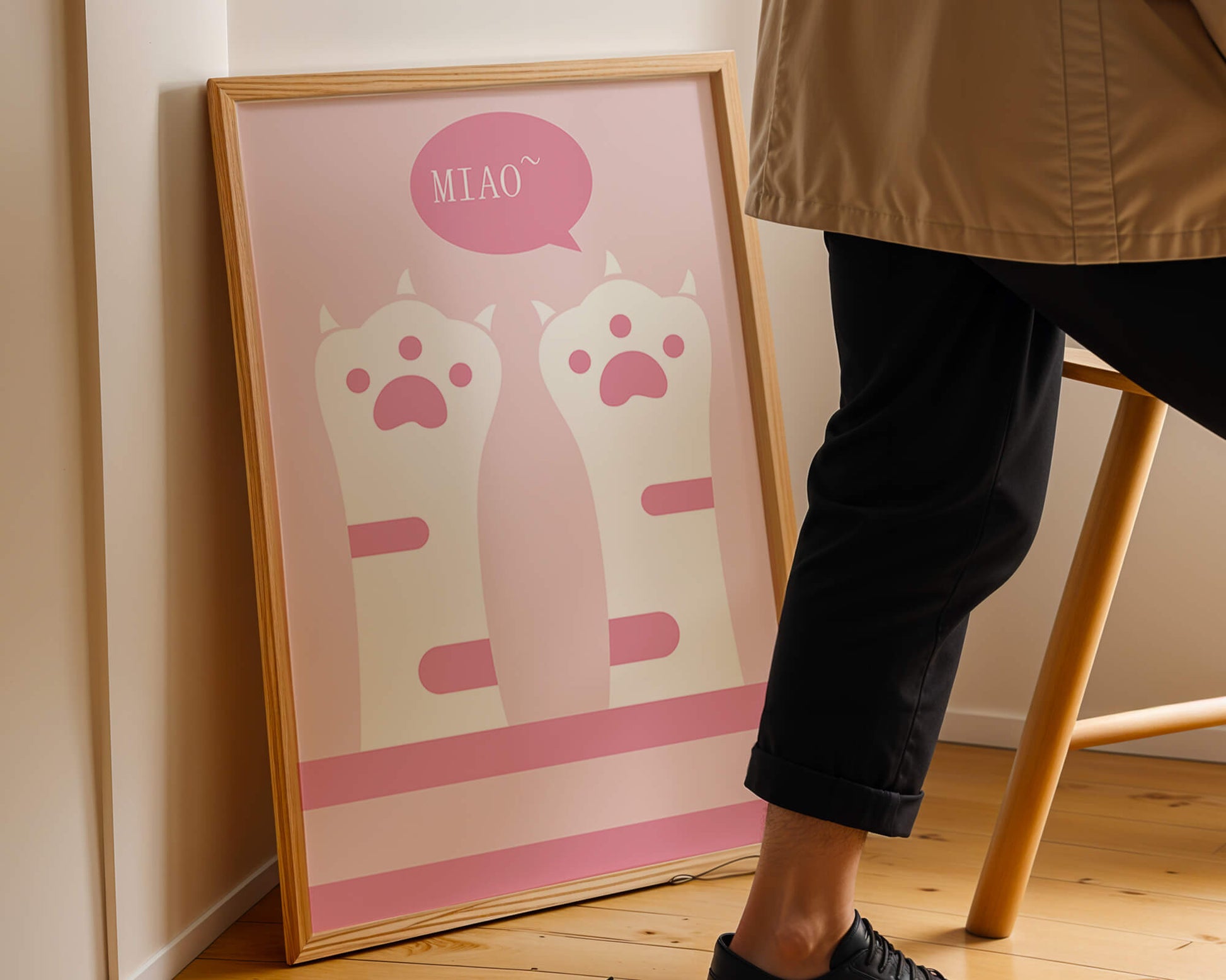 Playful cat paws illustration with speech bubble saying "Miao"