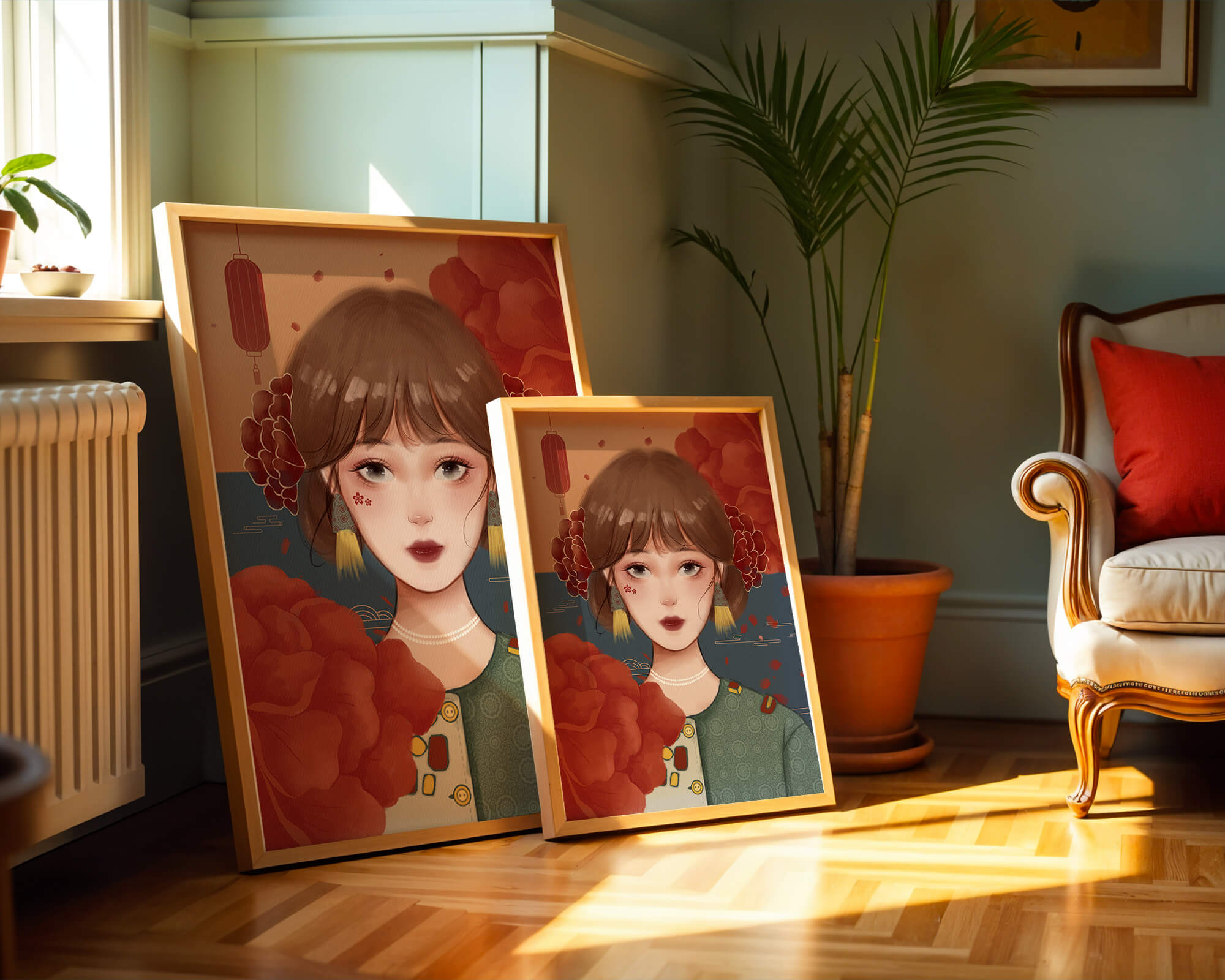 Illustration of a woman adorned with floral elements and traditional accessories