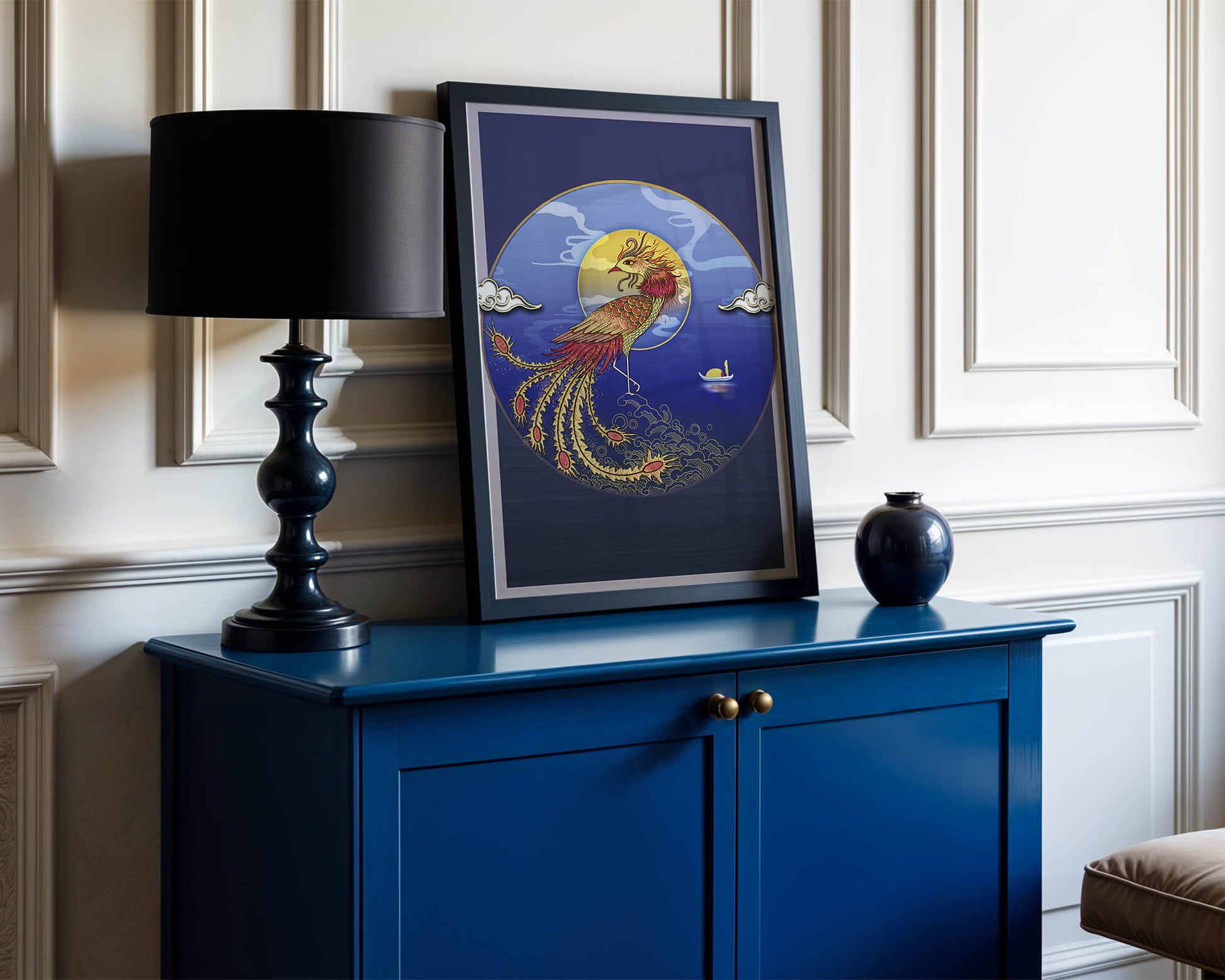 Golden Phoenix with Vibrant Feathers in Mystical Sea Setting