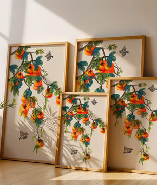 Branch with vibrant persimmons and birds illustration