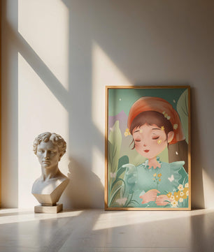 Ilustración serena de una chica en la naturaleza con flores y mariposas