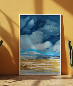 Dynamic Ocean Waves Under Cloudy Sky With Seagulls And Gold-Tinted Sand