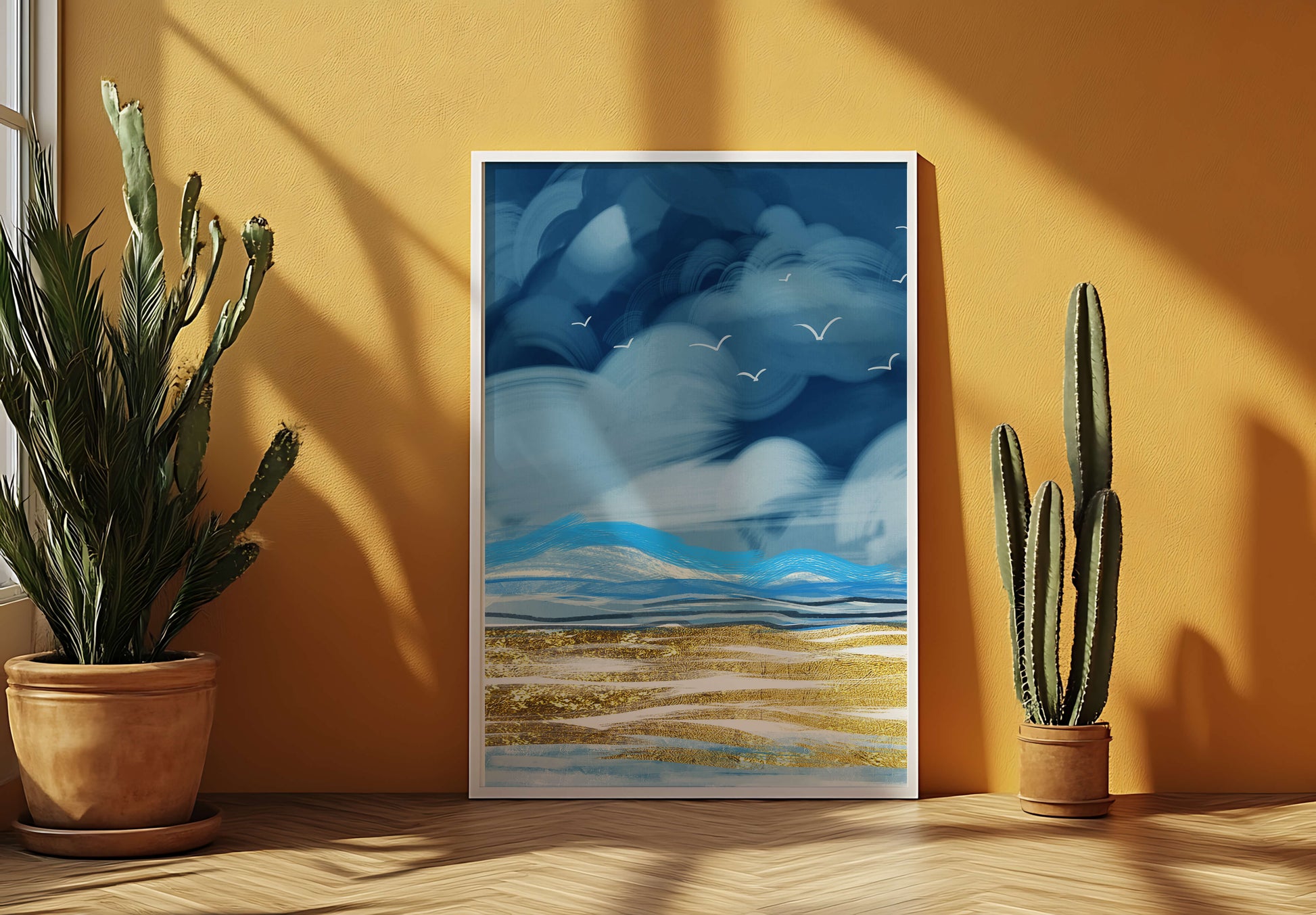 Dynamic Ocean Waves Under Cloudy Sky With Seagulls And Gold-Tinted Sand