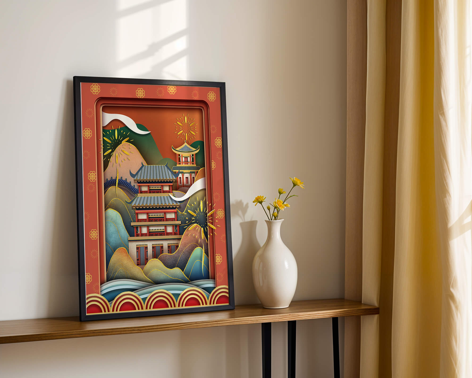 Traditional Asian architecture with fireworks and vibrant mountains