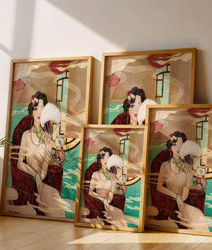 Œuvre d'art élégante d'inspiration asiatique vintage représentant une femme avec un éventail