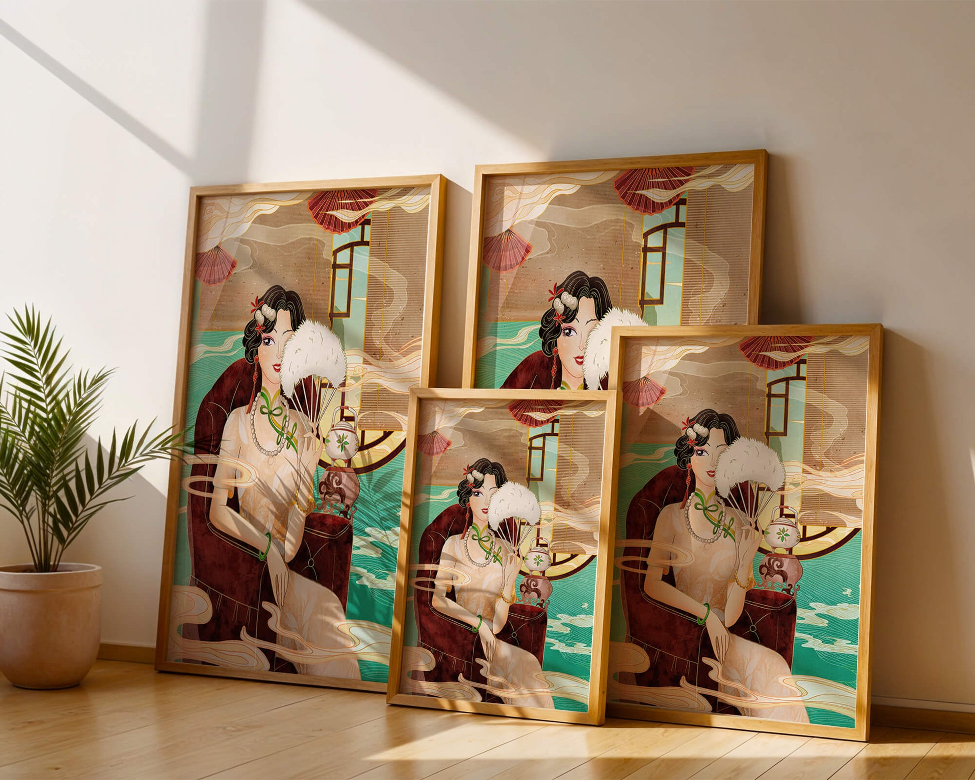 Elegant vintage Asian-inspired artwork featuring a woman with a fan