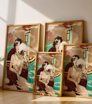 Elegant vintage Asian-inspired artwork featuring a woman with a fan