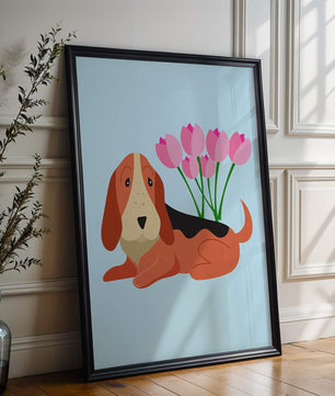 Illustration eines Basset Hound mit rosa Blumen auf hellblauem Hintergrund