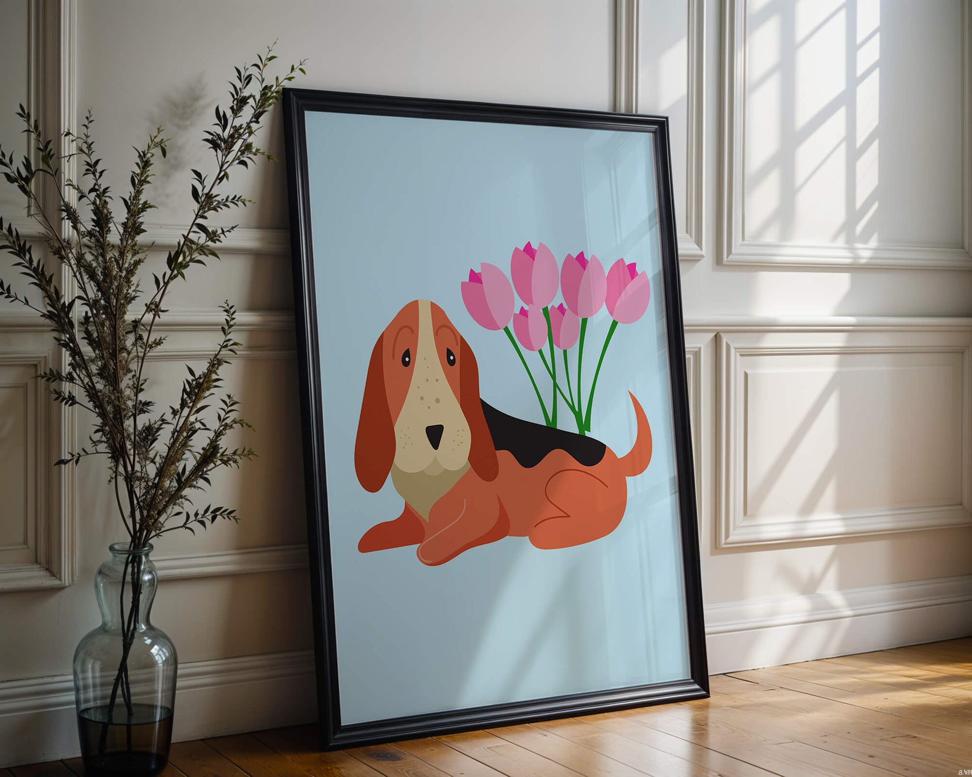 Illustration eines Basset Hound mit rosa Blumen auf hellblauem Hintergrund