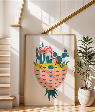 Flamingo with Cacti in Pineapple Vase Illustration