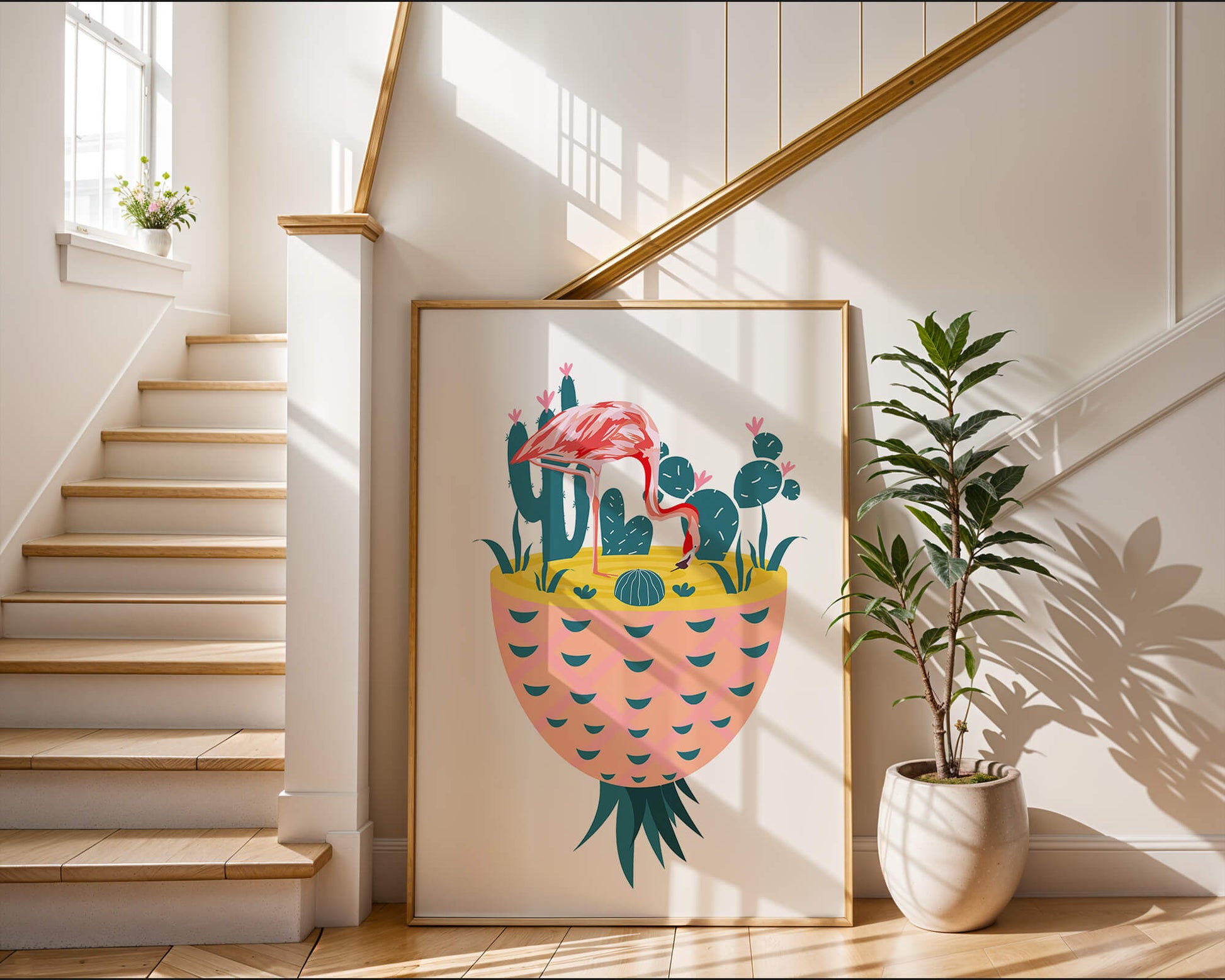 Flamingo with Cacti in Pineapple Vase Illustration