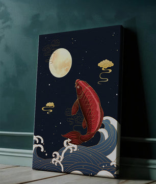 Traditional Japanese koi fish art with moonlit waves and clouds