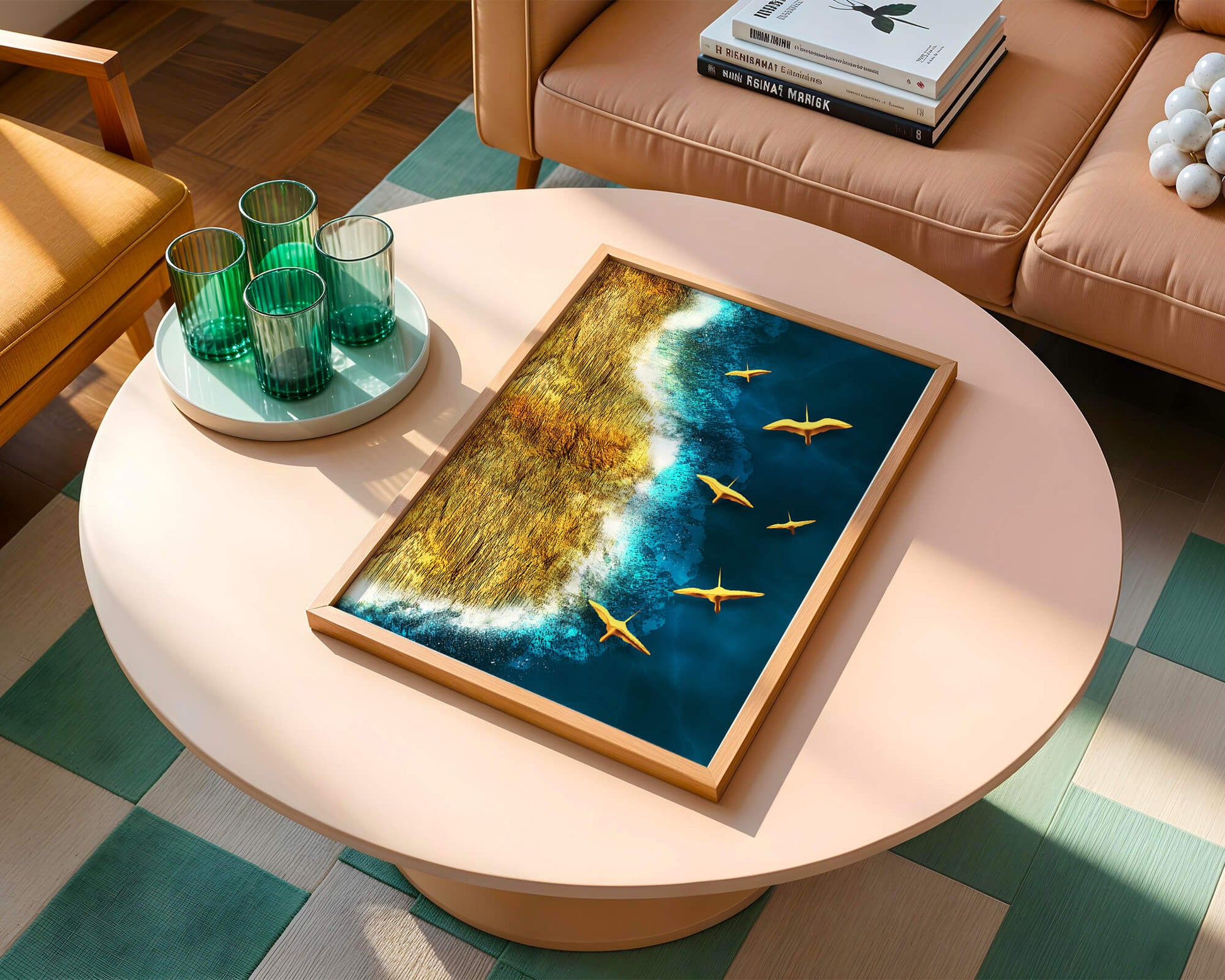 Golden beach landscape with vibrant ocean and flying seabirds