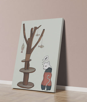 Illustration of a cat tree with a thoughtful cat in a sweater