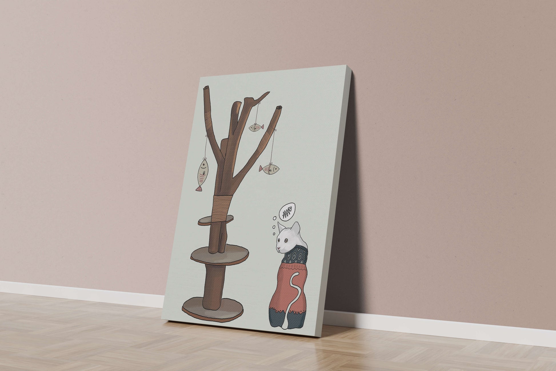 Illustration of a cat tree with a thoughtful cat in a sweater