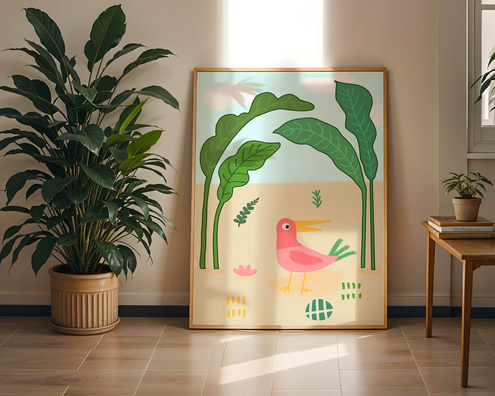Colorful bird with large leaves and playful design