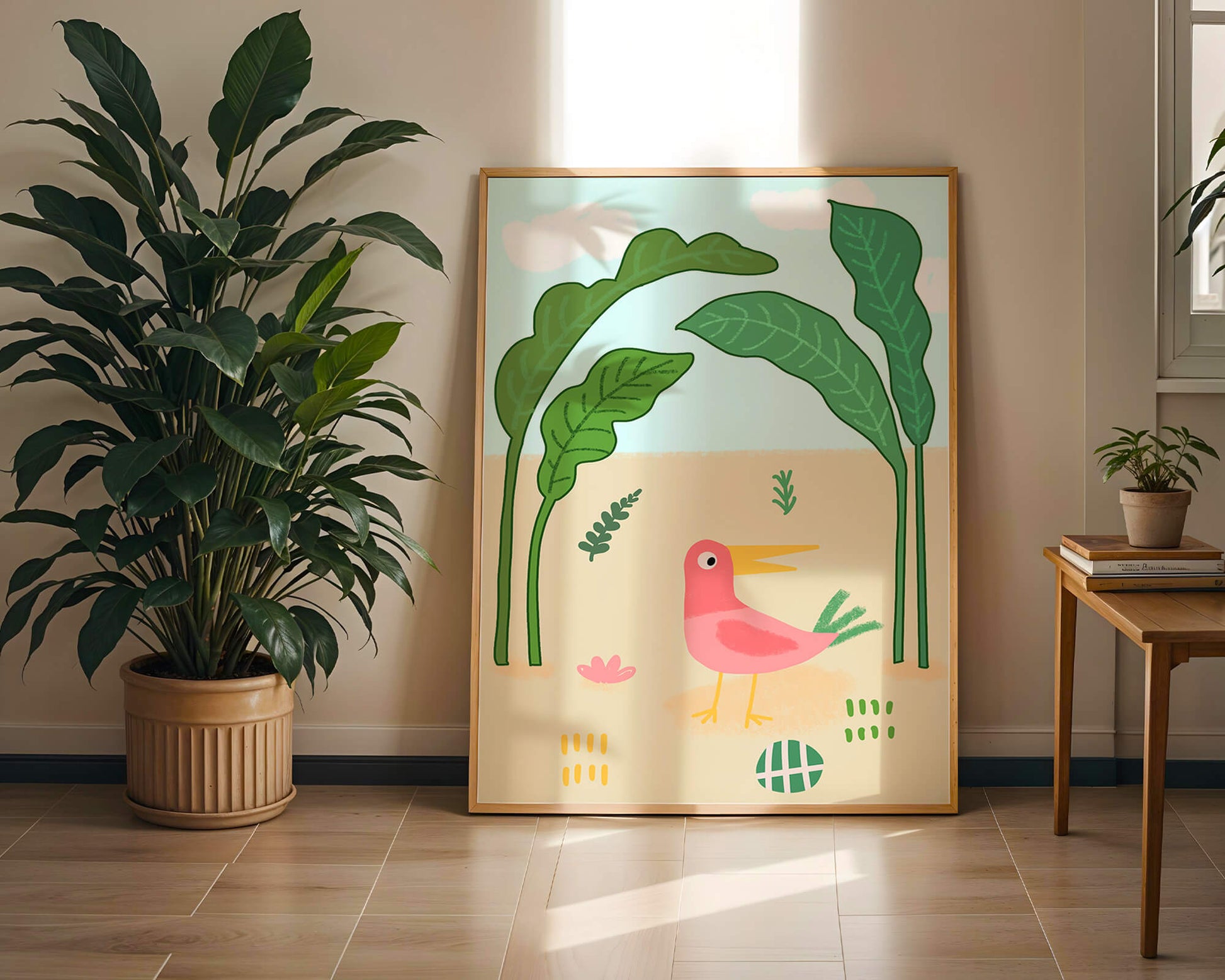 Colorful bird with large leaves and playful design