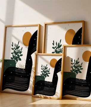 L'œuvre d'art abstraite de la nature avec une silhouette de plante et des formes géométriques