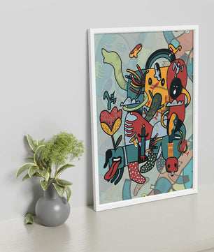 Colorful Abstract Surrealism Art with Intricate Details and Playful Characters