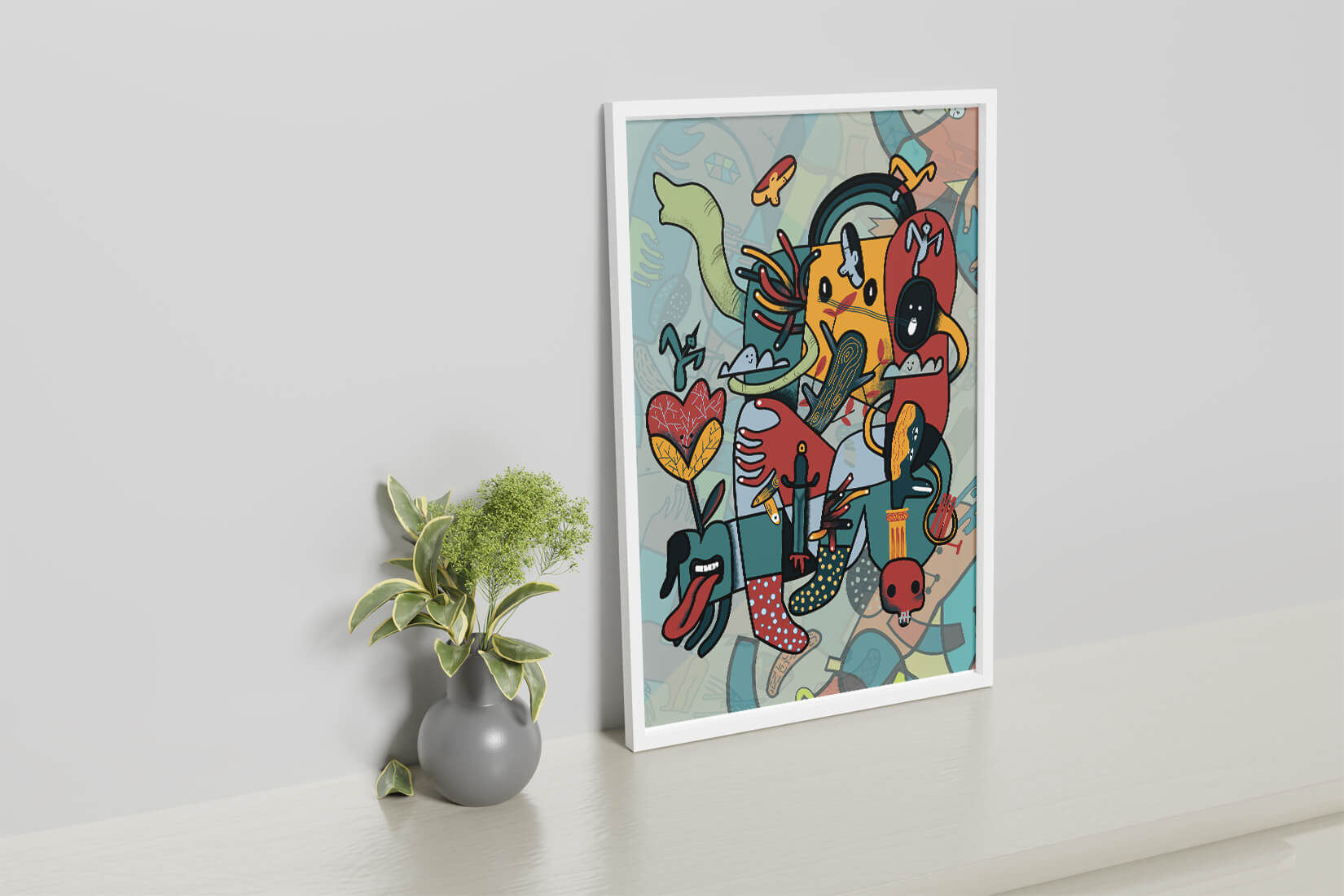 Colorful Abstract Surrealism Art with Intricate Details and Playful Characters