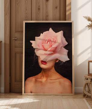 Woman with a Rose Head and Red Lips on a Dark Background - Mi tienda