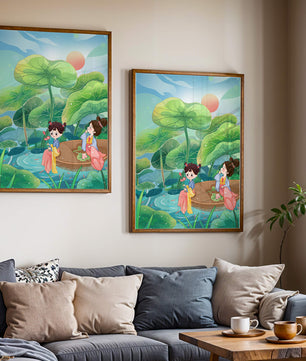 Charming illustration of children on a boat in a lush lotus pond