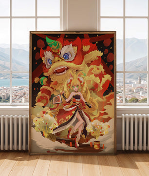 Colorful anime-inspired scene with a lion dance and festive character