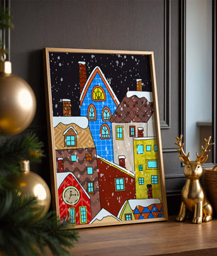 Farbenfrohe Winterstadtlandschaft mit schneebedeckten Häusern im Cartoon-Stil
