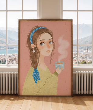 Illustration d'une fille avec un bandeau tenant une tasse fumante