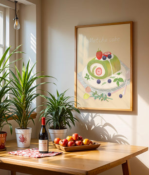 Illustration of a Matcha Roll Cake with Fresh Berries on Pastel Background - Mi tienda