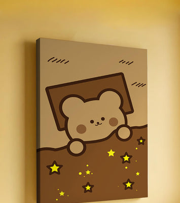 Adorable bear peeking out from a blanket with stars illustration