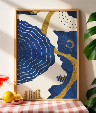 Diseño abstracto ondulado azul y dorado con patrones geométricos