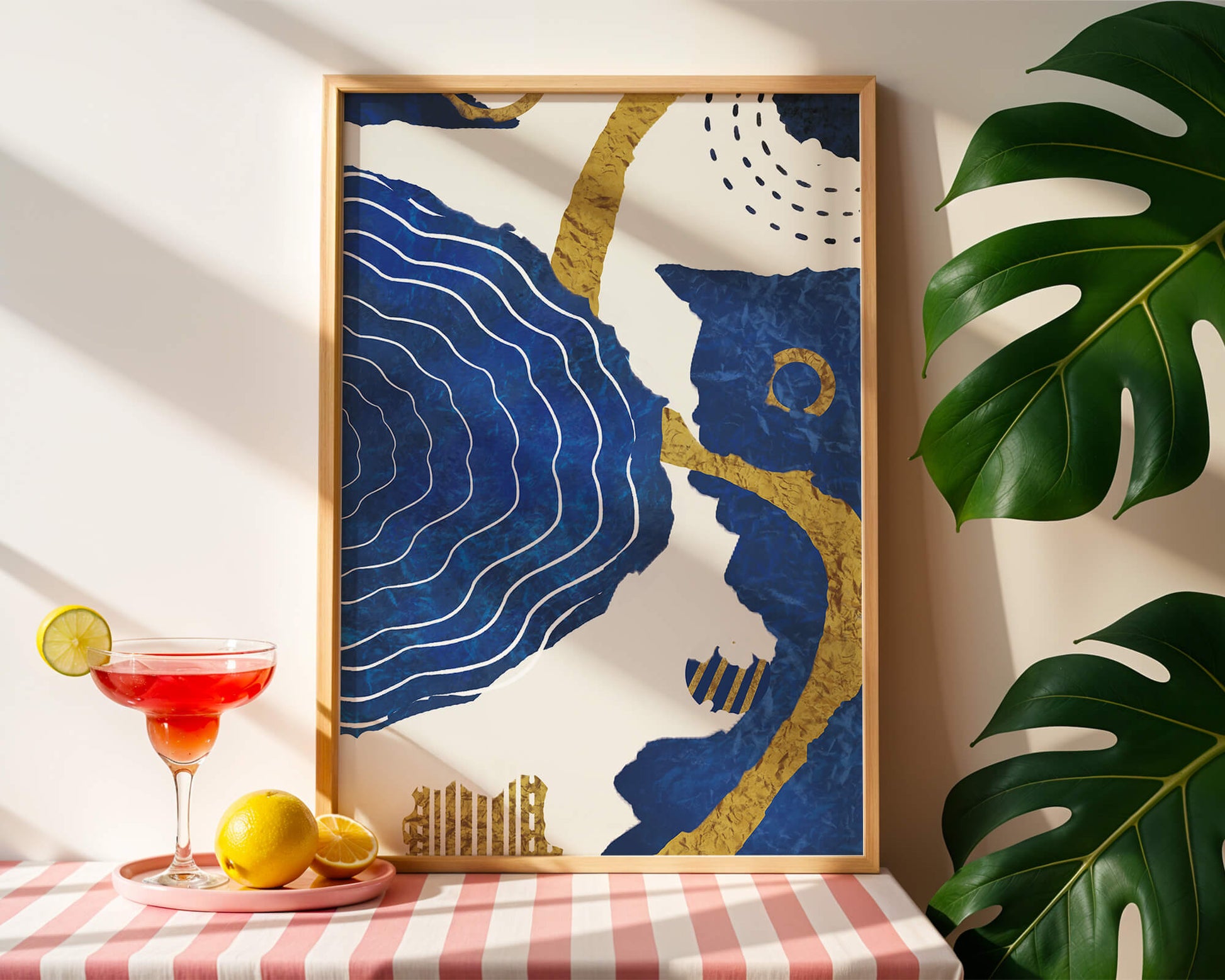 Diseño abstracto ondulado azul y dorado con patrones geométricos