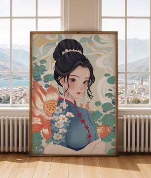 Una mujer elegante con vestido tradicional oriental con patrones florales y flores de loto