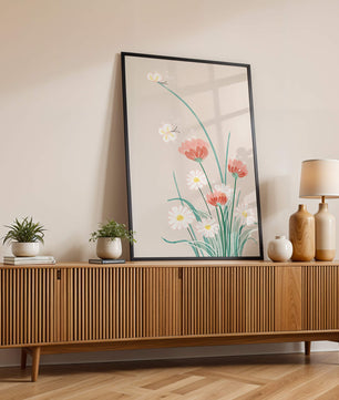 Delicate floral illustration with butterflies and wildflowers