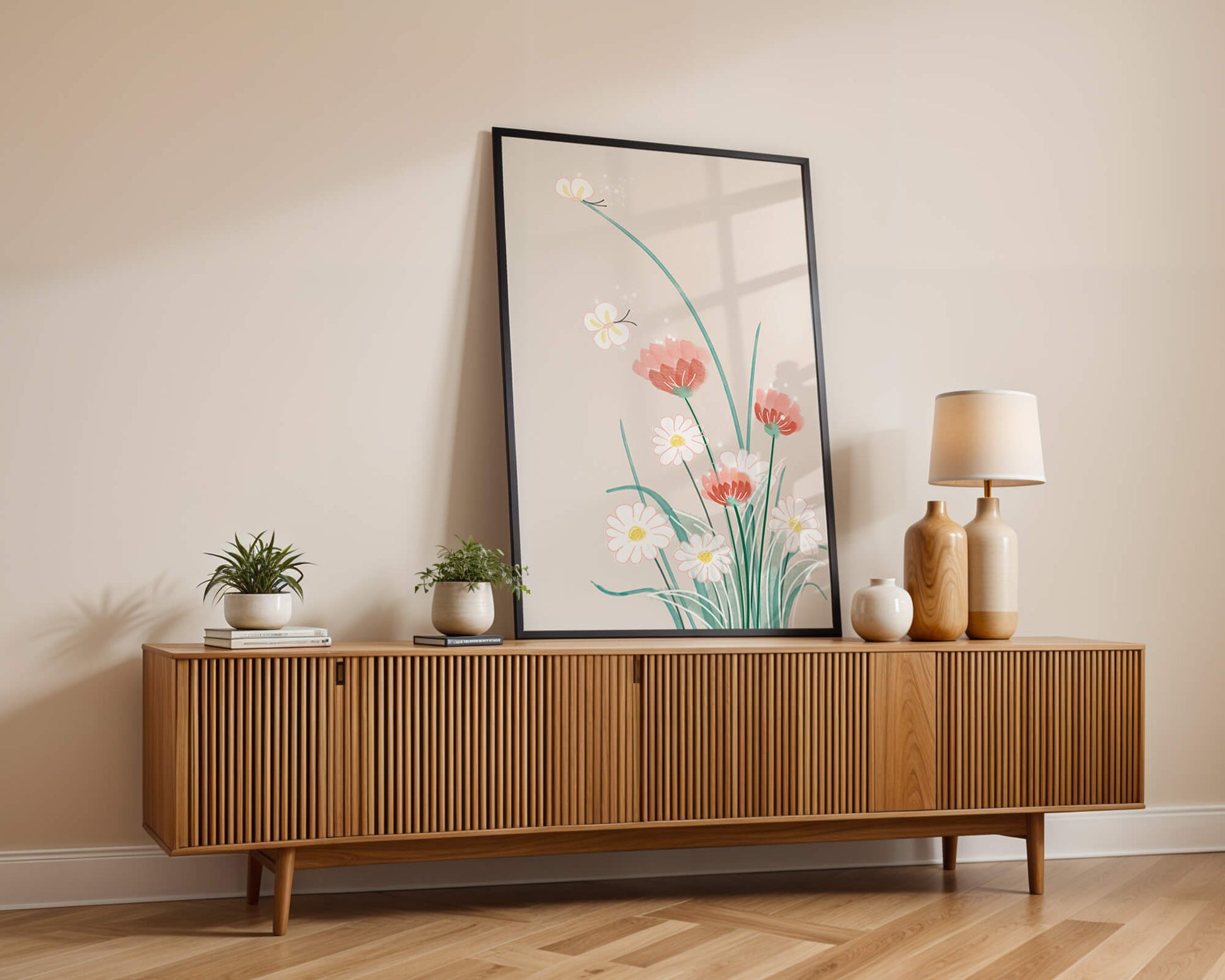 Delicate floral illustration with butterflies and wildflowers