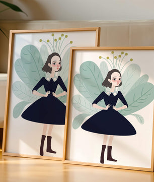 Ilustración de una chica caprichosa con hojas y elementos florales