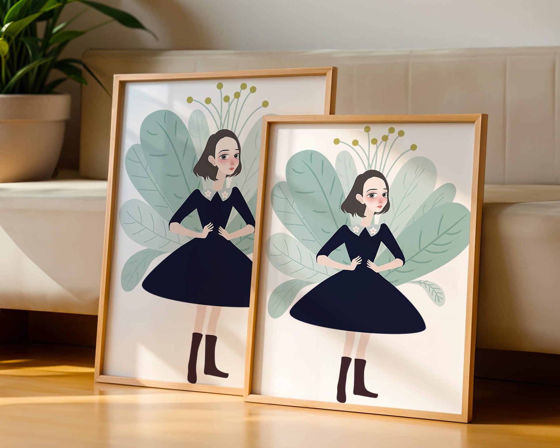 Illustration of a whimsical girl with leaves and floral elements