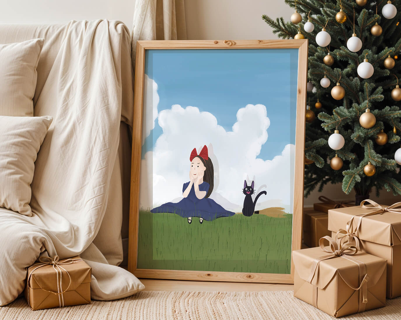 Girl with Red Bow and Cat in Lush Green Meadow