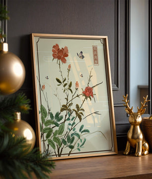 Delicate Floral Art with Red Flowers and Butterflies